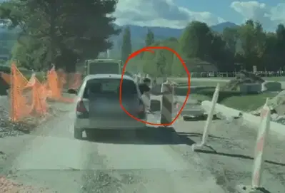 VIDEO: Sopotnik med vožnjo skozi okno podiral stebričke na delovišču pri Velenjskem jezeru