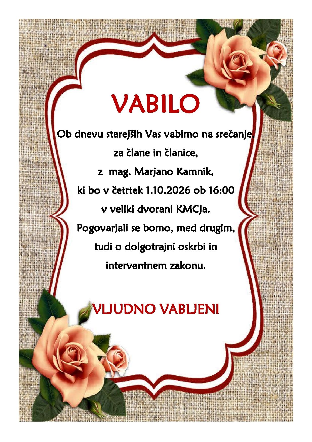 Srečanje za člane in članice, ob dnevu starejših, z mag. Marjano Kamnik