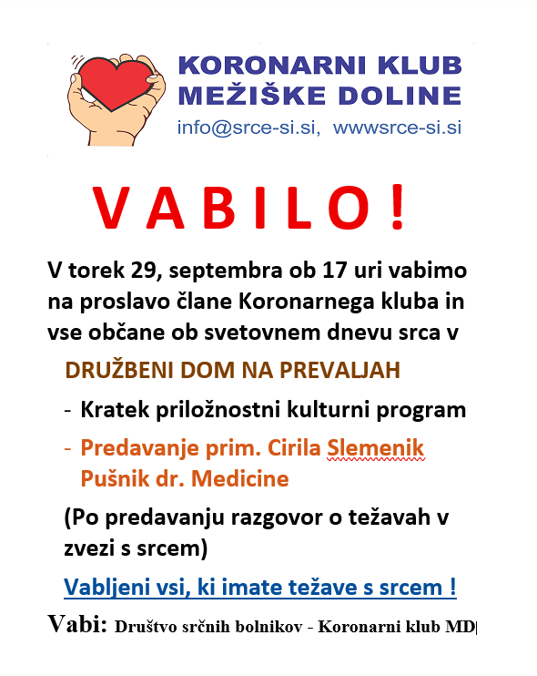 Svetovni dan srca: praznovanje s Koronarnim klubom v Družbenem domu na Prevaljah