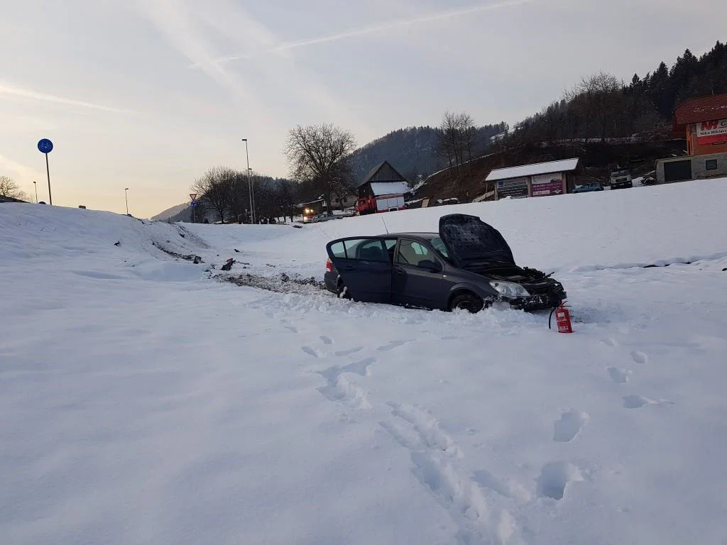 V krožišču zapeljal s ceste - dve osebi poškodovani