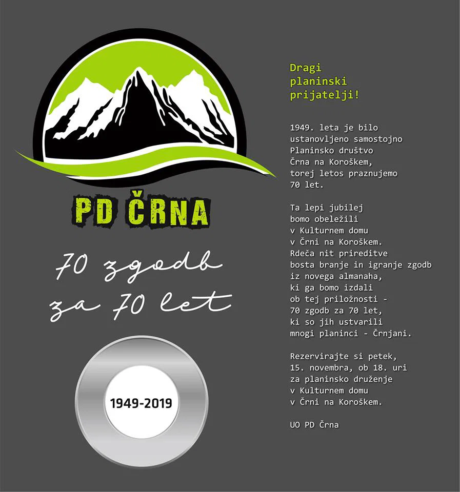 Planinsko društvo Črna ob jubileju vabi na '70 zgodb za 70 let'