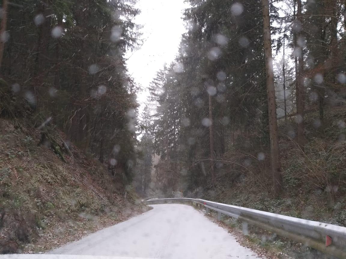 Na višje ležečih predelih se sneg že oprijema cestišč