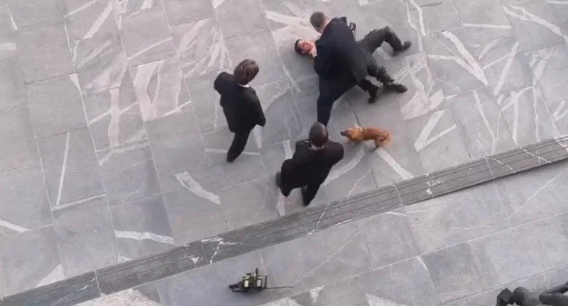 Moški prišel pred državni zbor s prižgano motorno žago in kričal "dovolj imam zapiranja"