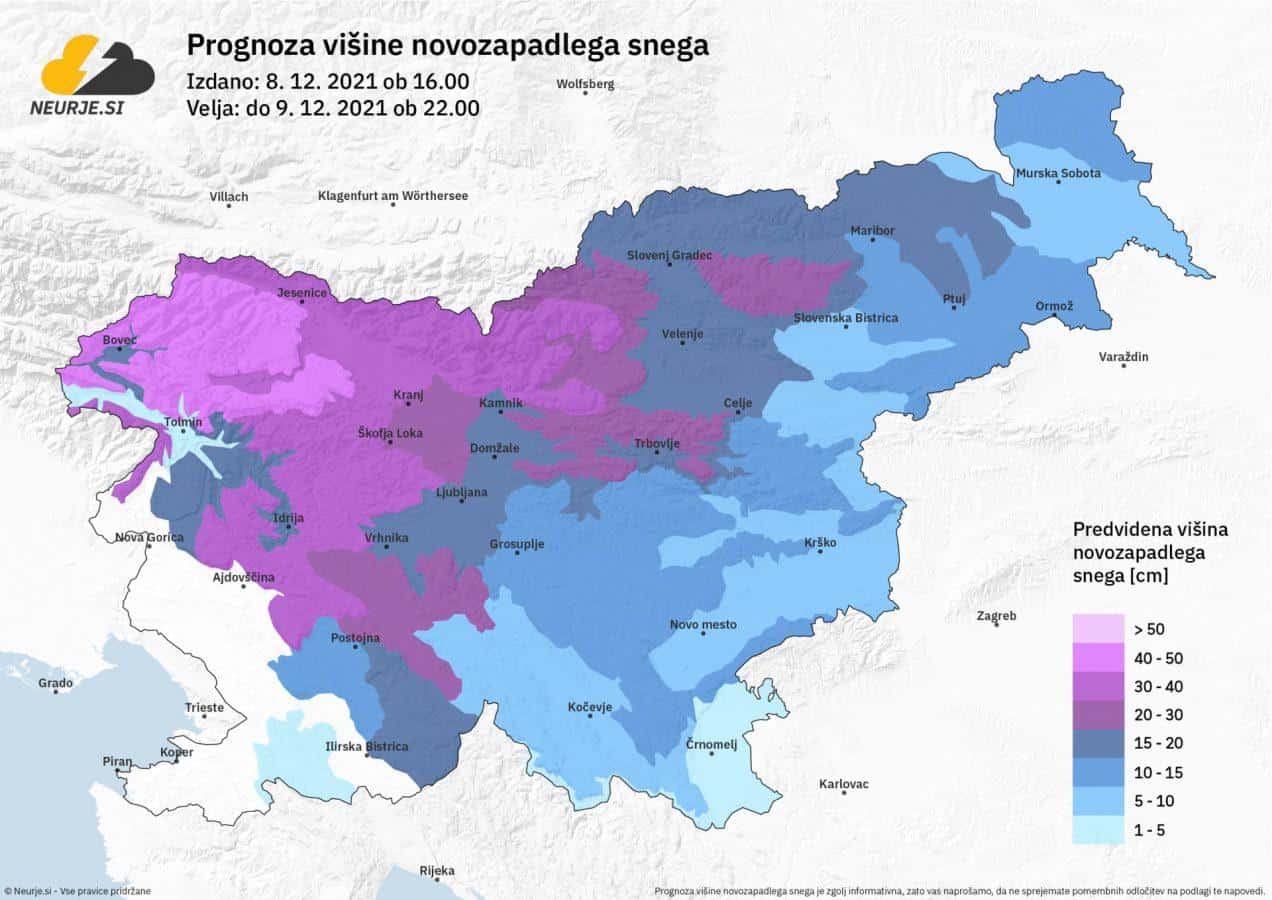 Pred nami je vremensko pestra noč. Marsikje po Sloveniji bo močno snežilo. Največ snega bo zapadlo v zahodni, severni in osrednji Sloveniji, napovedujejo na Neurje.si.  Ponekod na prehodu med Primorsko in Notranjsko ter na jugu in skrajnem vzhodu Slovenije ni izključen žled. Ceste bodo marsikje zasnežene, zato se na pot odpravite dovolj zgodaj in z ustrezno zimsko opremo ter seveda z veliko mero strpnosti in previdnosti, so še dodali. 