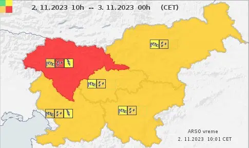 ARSO: Zvečer in ponoči obilne padavine z močnimi nalivi in viharnimi sunki vetra