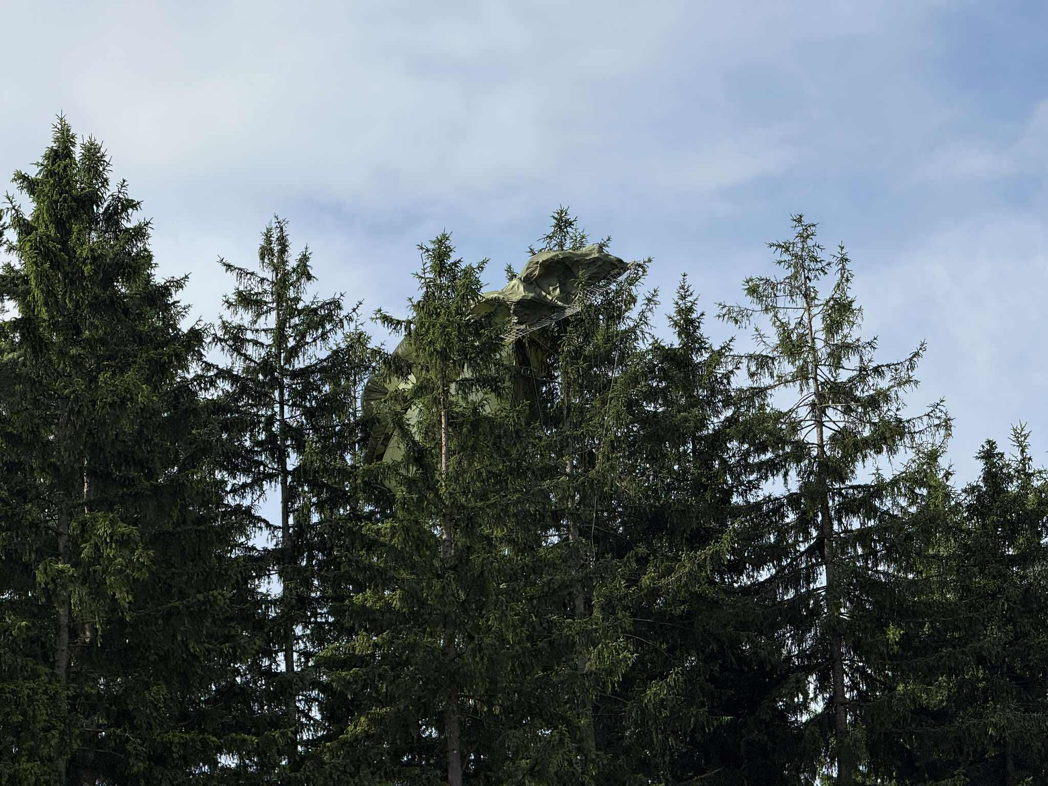 FOTO: V Mislinjski Dobravi je padalec obvisel na drevesu